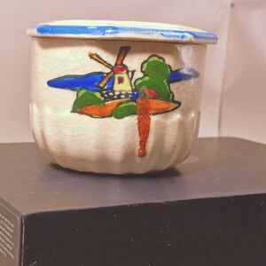 Vintage Delft Style Windmill Trinket Box w/ Lid Crackle Glaze 3”